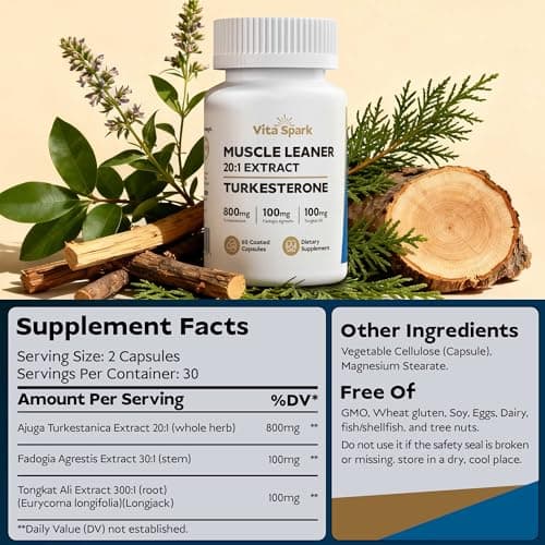 Vita Spark Turkesterone Muscle Leaner - 20:1 Extract 16,000mg with Tongkat Ali & Fadogia Agrestis, High Potency Men's Supplement for Performance, Energy, Vitality, Stamina & Strength | 60 Capsules - Thumbnail 2