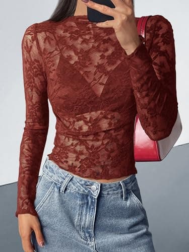 BTFBM Mesh Long Sleeve Tops for Women Lace Sexy Sheer Tight See Through Crew Neck Spring Fall 2026 Party Club Outfits(Red Brown, X-Large) - Thumbnail 2