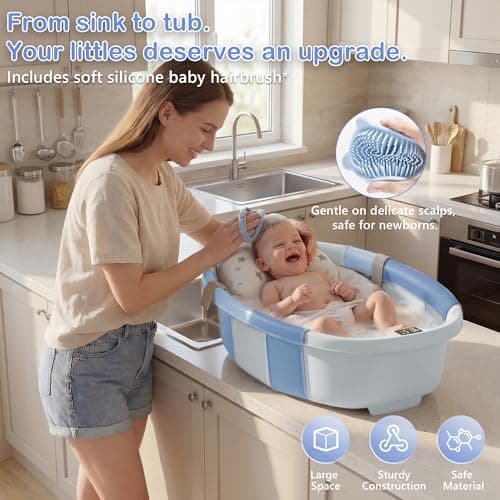 Collapsible Baby Bathtub - Large Baby Bath Tub with Thermometer | Bath Essential Bañera para Bebe Easy Fold Baby Tub | Travel Infant Newborn Toddler Bathtub for Baby Girl Boy 0 to 36 Months (Blue) - Thumbnail 4