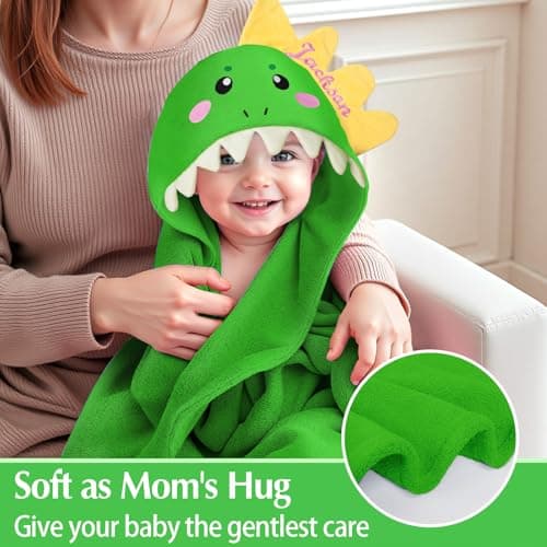 Individz Custom Hooded Bath Towel with Name, Personalized Highly Absorbent Bunny Towels, Baby Bath Towels for Girls Boys, Brithday for Baby, Toddler, Newborn (Green-Dinosaurs) - Thumbnail 2