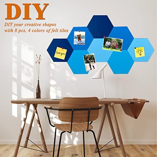 HULAVO 8Pcs Hexagon Felt Cork Board Tiles, Self Adhesive DIY Bulletin Board Pin Board for Office School Home Wall Decor Stickers Memos Photos Display (Gradual Blue) - Thumbnail 3