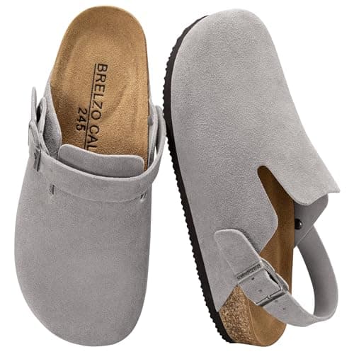Brelzo Calvior Womens Suede Clogs Mens Leather Mules Arch Support Potato Shoes Slip On Slipper Sandals with Adjustable Buckle for Outdoor Use, Grey Size 7.5