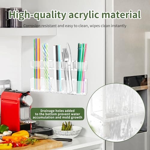 CRUCIBLY 9.5" Large Acrylic Straw Holder for Cabinet Door,Reusable Tumbler Straw Organizer with Ultra Sticky Adhesive Strips,Straw Storage for Kitchen Cupboard (Transparent) - Thumbnail 4