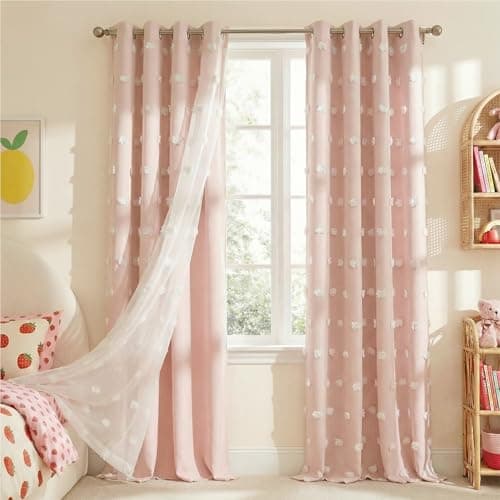 NICETOWN Pom Pom Pink Curtains for Kids Room 84 inches Long, Room Darkening Double Layer Sheer Thermal Drapes Grommet Window Treatments for Girls Bedroom/Nursery, W52 x L84, 2 Panels - Image 1
