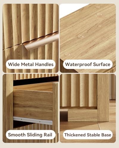 HOTALLOY Fluted Nightstand Set of 2, 24'' Wide Side Table with Charging Station, Modern Night Stand with Metal Handle, Wooden Bedside End Table for Bedroom, Living Room, Office, Natural Oak - Thumbnail 4