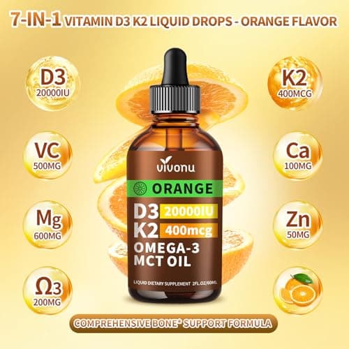 VivoNu Vitamin D3 K2 Drops, D3 20000 IU & K2 as MK-7 400mcg with Magnesium, Calcium, Zinc & Omega 3 for Immune*, Mood*, Bone* Health, Orange Flavor Vitamin D Liquid Drops Supplement, Non-GMO (1) - Thumbnail 2