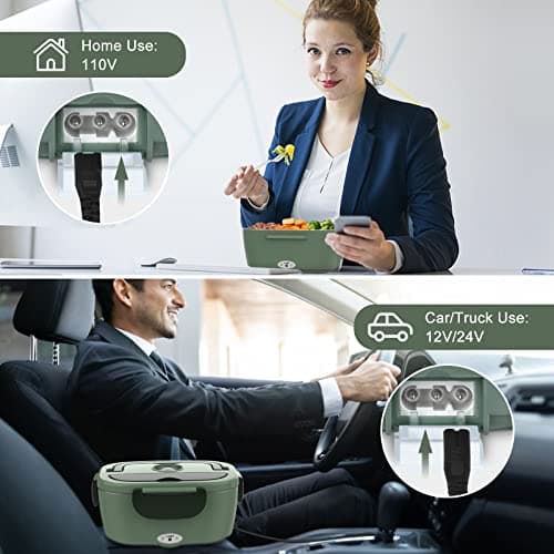 Vabaso Electric Lunch Box for Adults, 80W Heated Lunch Box Portable Food Warmer Lunch Box for Work/Men/Car/Truck with 1.5L 304 Stainless Steel Container Fork & Spoon, 110V/12V/24V - Thumbnail 2