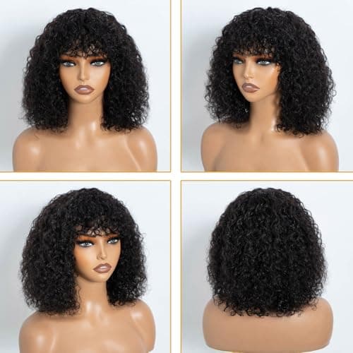JOEDIR HAIR Fluffy Wig Human Hair Wigs for Black Women Wear and Go Afro Curly Bob Wig with Bangs 12 Inches Water Wave Glueless Wigs 250% Density (1B / Black) - Thumbnail 6