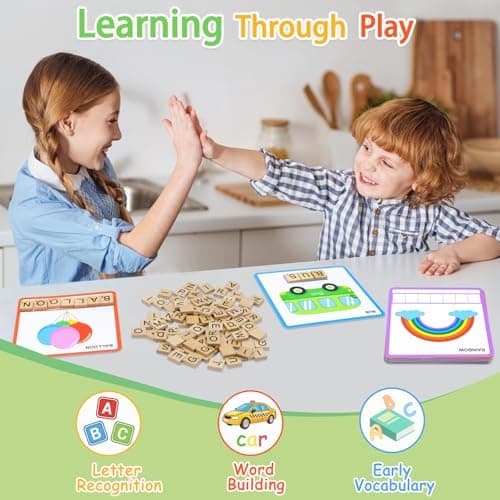 Humerry Spelling Game for Kids Ages 3-8, Word Building & Sight Word Games, Phonics Learning Toy with 100 Wooden Letter Tiles & 30 Double-Sided Flashcards, Preschool Kindergarten Early Reading Game - Thumbnail 2