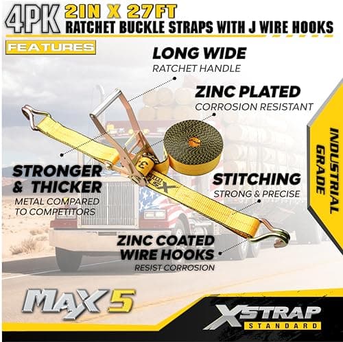 XSTRAP STANDARD 4 Pack 2" x 27' Industrial Tie Down Straps, Heavy Duty Ratchet Straps with Double J Hooks, 3333 LBS Working Load, 10000 LBS Break Strength, Long Handle Cargo Straps for Truck, Trailer - Thumbnail 6