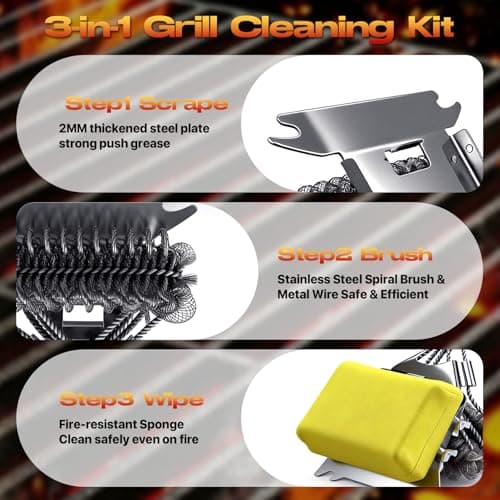 YEBLEM 3-in-1 Grill Brush and Scraper with 2 Sponges, 18" Heavy Duty Stainless Steel Bristle BBQ Cleaner, Heat Resistant Barbecue Grilling Tool, Ideal Outdoor Gift for Men & Dad (Orange) - Thumbnail 2