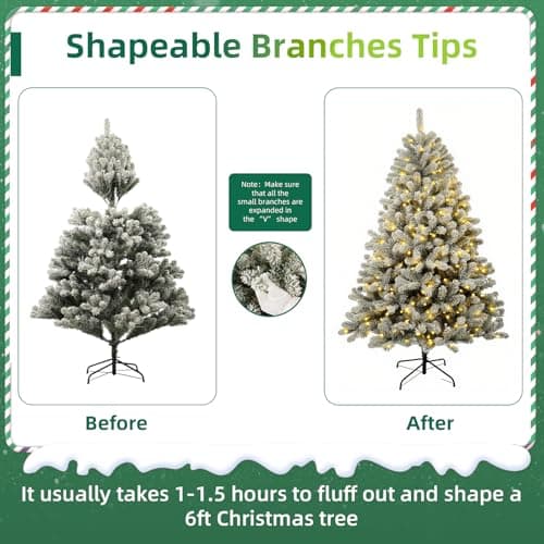 Aovotreena 6ft Pre-Lit Snow Flocked Christmas Tree with 300 Warm White Lights, 840 Full PVC Branch Tips, Hinged Quick-Assembly Design, Lush Artificial Xmas Tree for Winter Holiday Décor - Thumbnail 6