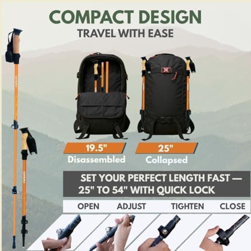 Outsura Trekking Poles for Hiking Collapsible Lightweight Aircraft Graded Aluminum Hiking Poles with Cork Grip & Quick Lock, Pair of 2 Walking Sticks for Seniors Trail & Backpacking - Thumbnail 3