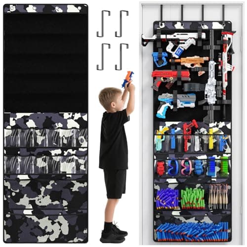Over the Door Organizer for Toy Guns, Hanging Toy Guns Storage Organizer with Pockets and Slots for Kids Foam Blasters, Darts, Goggles, Toys Storage Door Hanger for Kids Rooms, Game Rooms, Camouflage - Image 1