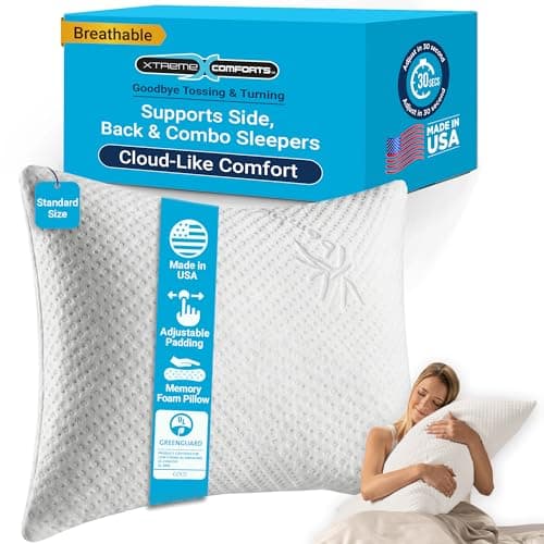 Xtreme Comforts Memory Foam Pillows | GREENGUARD Certified Adjustable Shredded Foam Fill for Personalized Support | Bed Pillows for Side, Back & Stomach Sleepers | Removable Cover | Standard Size - Image 1