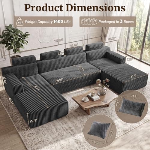 Boneless Couches for Living Room - 134" Modular Sectional Sofa U Shaped Oversized Deep Seat High Back Corduroy No Assembly Modern Cloud Big Comfy Floor Couches (Grey) - Thumbnail 4