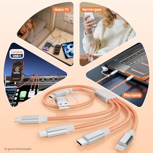 MPATIBY 4 in 2 Multi Charging Cable, USB C Multiple Charger Cable with 3 X Type-C,1 X IP, Upgrade 2026 Travel Essentials Phone Charger Cord for iPhone 17/16/15/14, Galaxy, Android (1Pack 5FT) - Thumbnail 6