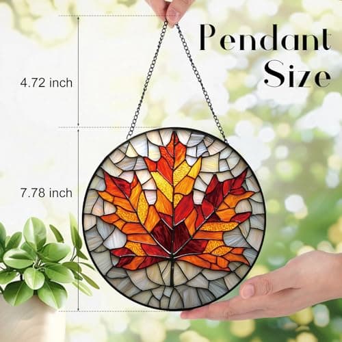 Zizzie Stained Glass Maple Leaf Suncatcher - 7.9" Real Glass Fall Autumn Window Hanging, Weatherproof Rustic Thanksgiving Decor, Seasonal Nature Gift for Women Mom - Thumbnail 3