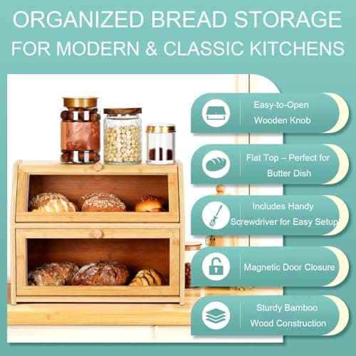 Wcatea Bread Box for Kitchen Countertop, Large Double Layer Bamboo Bread Storage Box with Clear Door, Includes 20 Bread Bags & Labels, Farmhouse Kitchen Storage Organizer (Natural Bamboo) - Thumbnail 4