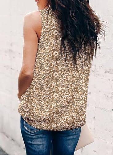 Dokotoo Womens Ladies Summer Fashion 2026 Sleeveless Shirts Halter High Neck Leopard Print Tank Top Work Blouses Tunic Tees Ruffled Vest Khaki Medium - Thumbnail 4