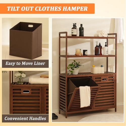 Baveke Bamboo Tilt Out Laundry Hamper with 3 Tier Shelves, Hidden Laundry Hampers with 2 Removable Bags, Pull Out Laundry Hamper Cabinet, Bathroom Storage Shelf for Laundry Room, FSC-Certified, Brown - Thumbnail 3