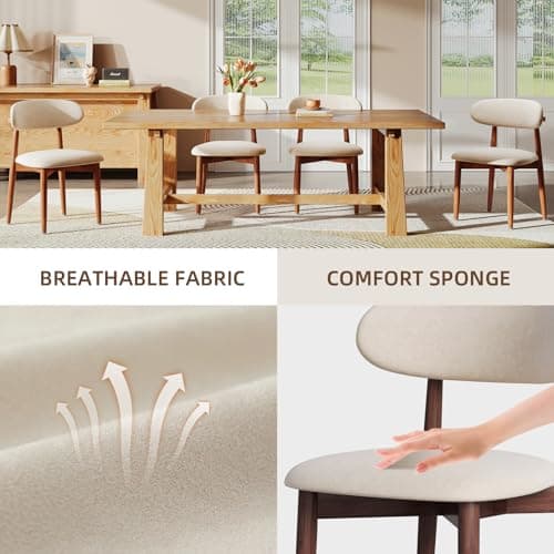 EURUIS Modern Wooden Dining Chairs Set of 6, Fabric Upholstery Kitchen Chairs Farmhouse Dining Room Side Chairs for Restaurants, Cafes, Patio, Easy Assembly, Beige - Thumbnail 3