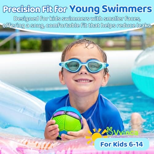 Vvinca Kids Swim Goggles for Boys Girls Age 6-14, Anti-Fog UV Protection Clear Swimming Goggles, Leak-Proof Kids Pool Goggles with Easy Side-Pull Adjustment for Toddler Youth Pool Water Swimming - Thumbnail 2