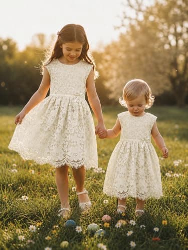 ALLOVIN Girls & Toddlers Sleeveless A-Line Lace Party Dress Birthday Wedding & Flower Girl Dress with Beaded Bowknot | Ivory | 2-3T - Thumbnail 6