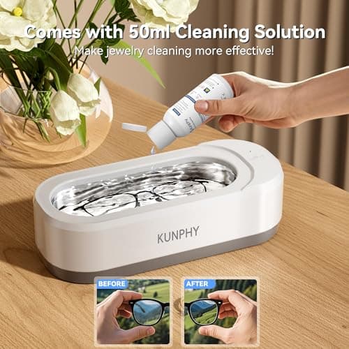KUNPHY Jewelry Cleaner, 46KHZ, 12OZ Capacity, Ultrasonic Jewelry Cleaner with 50ml Solution, One-Touch Operation, Professional Ultrasonic Cleaner Idea for Silver, Gold Jewelry, Glasses, Rings, Diamond - Thumbnail 2