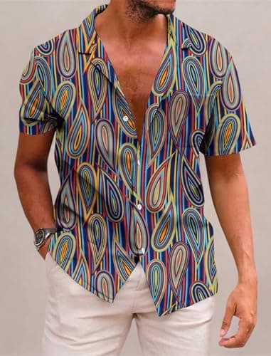 KYKU Neon Striped Shirt Psychedelic Shirts for Men Button Down Short Sleeve with Pockets, Colourful Geometric, S - Thumbnail 6