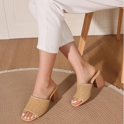 Ancomafio Women's Heeled Sandals Raffia Heels Square Open Toe Sandals Backless Mules Slip On Block Slides Brown Size 9 - Thumbnail 3