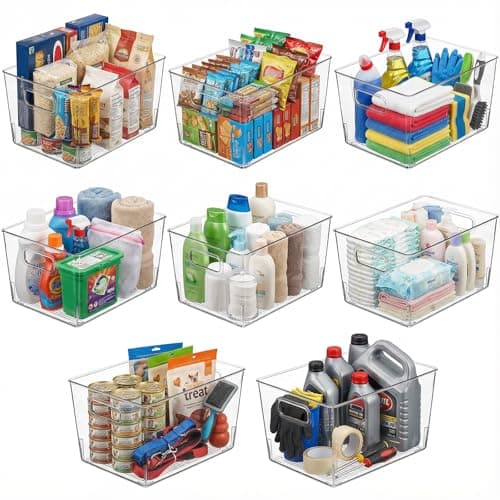 MOONEDGE 8 Pack Clear Plastic Storage Bins, 12 x 8 x 6in Stackable Pantry Organizer Cabinet Containers for Under-Sink Storage, Kitchen, Fridge, Bathroom and Home Organization - Image 1