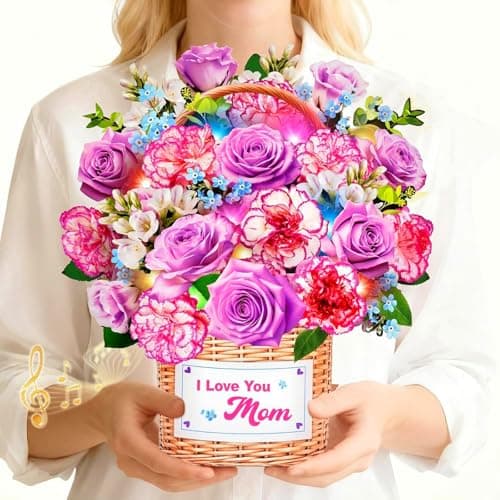 MZD8391 Mothers Day Card With Music & Lights, 3D Pop Up Mothers Day Gifts, Carnation & Rose, 10 Inch Life Sized Forever Flower Bouquet Birthday Card for Mom Wife Women Her - Image 1