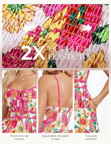 GRACE KARIN 2026 Women's Summer Maxi Floral Dress, Spaghetti Strap Tie Front Boho Sundress with Pockets, Pink Yellow L - Thumbnail 3