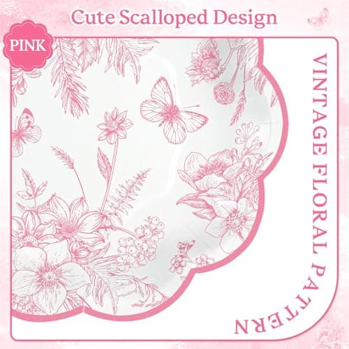 NatNarr 30 Pcs Pink Floral Paper Plates, 7 inch Tea Party Plates Vintage Flower Toile Plate Pink and White Dessert Plate Disposable for Baby Bridal Shower Birthday - Thumbnail 3