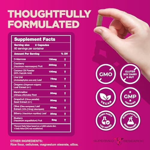 Supermed Research UTI Supplement – Bladder & Urinary Tract Health for Women with D-Mannose, Cranberry, Uva Ursi, Olive Leaf, Marshmallow Root and Oregano – Non-GMO Vegan UTI Pills (120 Capsules) - Thumbnail 3