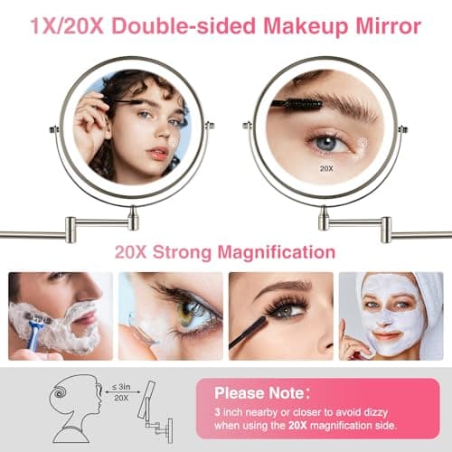 GREENFROM 8.5 Inch Magnifying Mirror with Lights, Wall Mounted Makeup Mirror, Dual-Sided 1X/20X, Bright LED Lighting, Space-Saving Design for Bathroom & Vanity, Brushed Nickel - Thumbnail 3