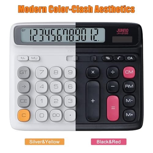 Niodel 12-Digit Desktop Calculator, Modern Color-Clash Aesthetic Design, Dual Power (Solar & Battery), Ergonomic Tilted Large LCD Display for Office, School and Accounting (Silver) - Thumbnail 2