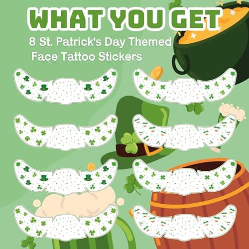 St Patricks Day Accessories - 8 Pack Shamrock Temporary Face Tattoos | St Patrick's Day Shirt Outfits for Women | Lucky Clover Face Stickers Makeup Gifts Crafts Games Decorations for Kids - Thumbnail 4