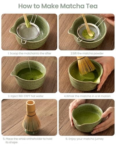 Matcha Whisk Set Ceramic Matcha Kit Set Includes Matcha Bowl, Matcha Whisk and Holder, Bamboo Scoop, Scoop Rest, Sifter and Tea Towel - 7 Pcs Matcha Kit for Matcha Lovers (Matcha Green) - Thumbnail 3