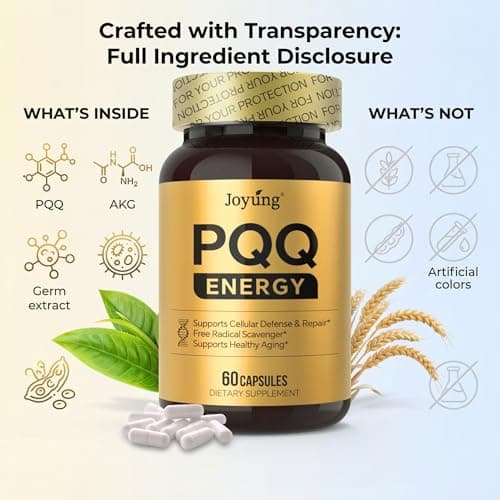 Joyung 20mg PQQ Supplement with AKG 200mg, Pyrroloquinoline Quinone, Antioxidant for Energy & Cognitive Support, Brain Function, Vegan Capsules, 60 Capsules - Thumbnail 3