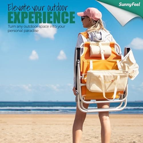 SUNNYFEEL Low Beach Chair, 5-Position Lay Flat Reclining, Backpack Portable Folding Chair with Cooler Bag & Cup Holder, Heavy Duty 350 LBS, Compact for Beach, Camping, Travel - Thumbnail 3