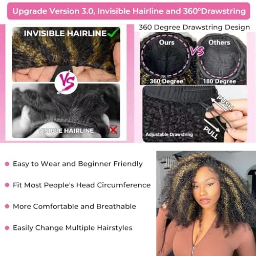 Kinky Curly Half Wig Human Hair Drawstring Balayage Highlight Ombre No Lace Glueless Wear Go Wig Drawstring Invisible Hairline Beginner Friendly For Women Flip Over Clip In 250% Density 18Inch - Thumbnail 5