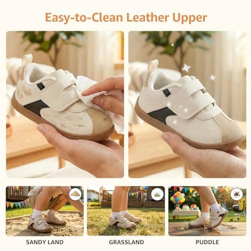WIDE TOE BOX Toddler Sneakers Boys Wide Baby Barefoot Walking Tennis Shoe Lightweight Child Leather First Walker Fashion Casual Beige Brown Toddler Size 5 US - Thumbnail 5