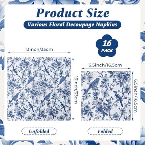 16 Pcs 8 Styles Decoupage Napkins, Blue and White Floral Paper Napkins Chinoiserie Decorative Cocktail Napkin Pretty Printed Cocktail Paper for DIY Crafting Furniture Decor Birthday Party Baby Shower - Thumbnail 2