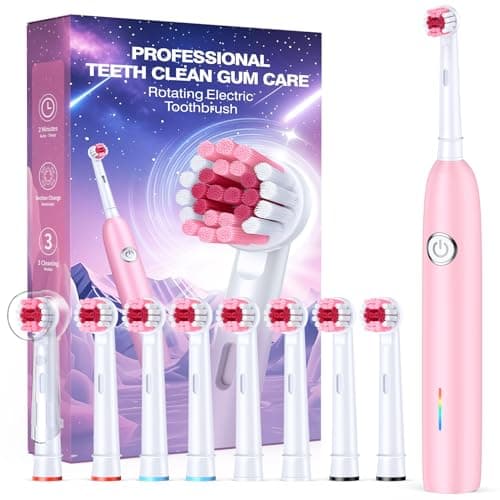 Teeaegis Rotating Electric Toothbrush with 8 Brush Heads for Adults and Kids, 3 Modes Rechargeable Power Toothbrush with 2-Minute Smart Timer, 45-Day Battery Life (Pink)