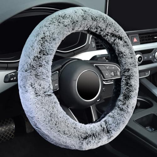 KAFEEK Frost Fluffy Microfiber Plush Steering Wheel Cover for Winter Warm, Universal 15 inch Soft Fuzzy Steering Wheel Cover,Cool Black