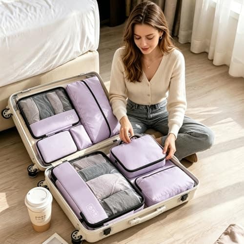 8-Piece Compression Packing Cubes for Travel, Elegant Ultralight Luggage Organizer Set for Women, Space Saving for Carry-On, Suitcase & Vacation Cruise Travel - Purple - Thumbnail 2