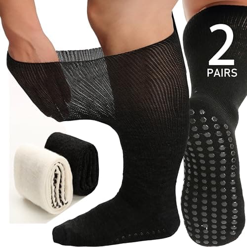 Forcool 2 Pairs Diabetic Socks for Men Women Swollen Feet Neuropathy Lymphedema Swelling Merino Wool Extra Wide Non-Binding Top, Non-Slip with Grippers, Loose-Fit Socks - White+Black Large - Image 1