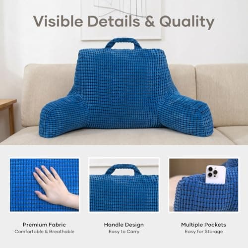 NOONTIDE Reading Pillow with Top Handle,Uniquely Designed Soft Fabric, Ergonomic Back Support for Bed,Cover Washable Sit up Pillow,Watching TV/Gaming/Relaxing(Blue) - Thumbnail 4